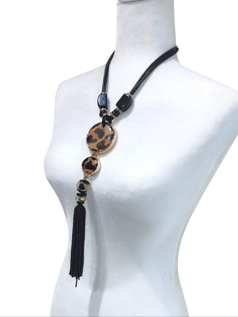Chico's Leopard Reversible Beaded Tassel Pendant Statement Necklace Jewelry